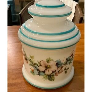 Vintage Floral Glass Apothecary Jar‎ w/ Lid White Teal Floral Design Cottagecore